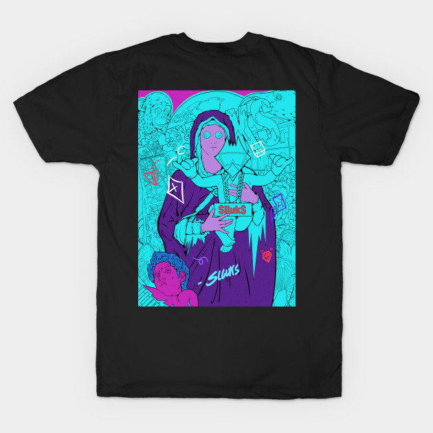 Dope Slluks chicken character chilling with virgin Mary montage illustration by slluks_shop